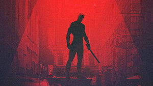 Daredevil Silhouette Standing in Red-Lit Urban Alley with Baseball Bat HD wallpaper