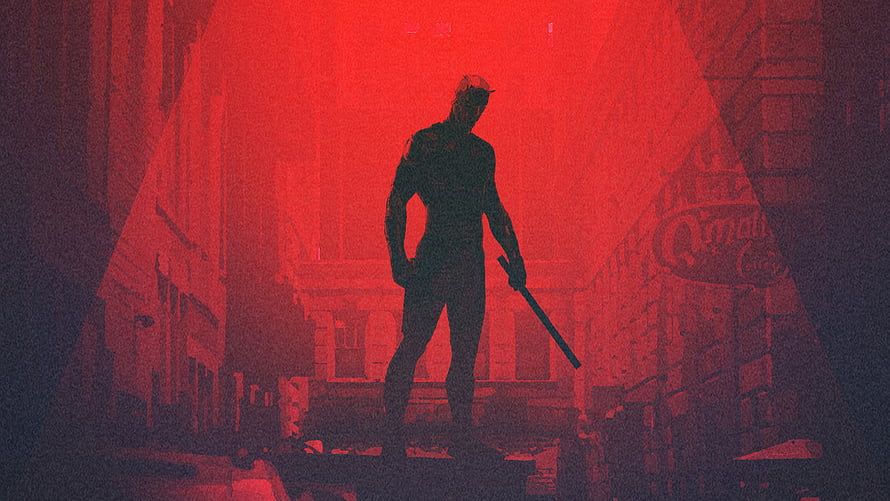 Daredevil Silhouette Standing in Red-Lit Urban Alley with Baseball Bat HD wallpaper