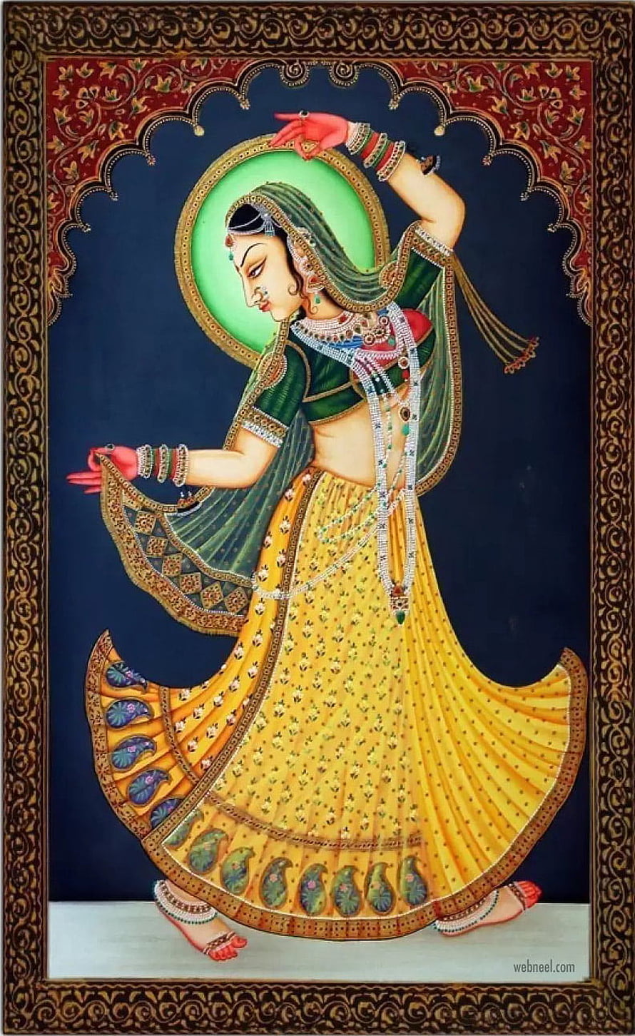 Traditional Rajasthani Miniature Painting of a Dancer in Vibrant Attire HD phone wallpaper