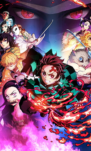 Demon Slayer Anime Group Art with Tanjiro Kamado and Flame Breathing Sword HD phone wallpaper