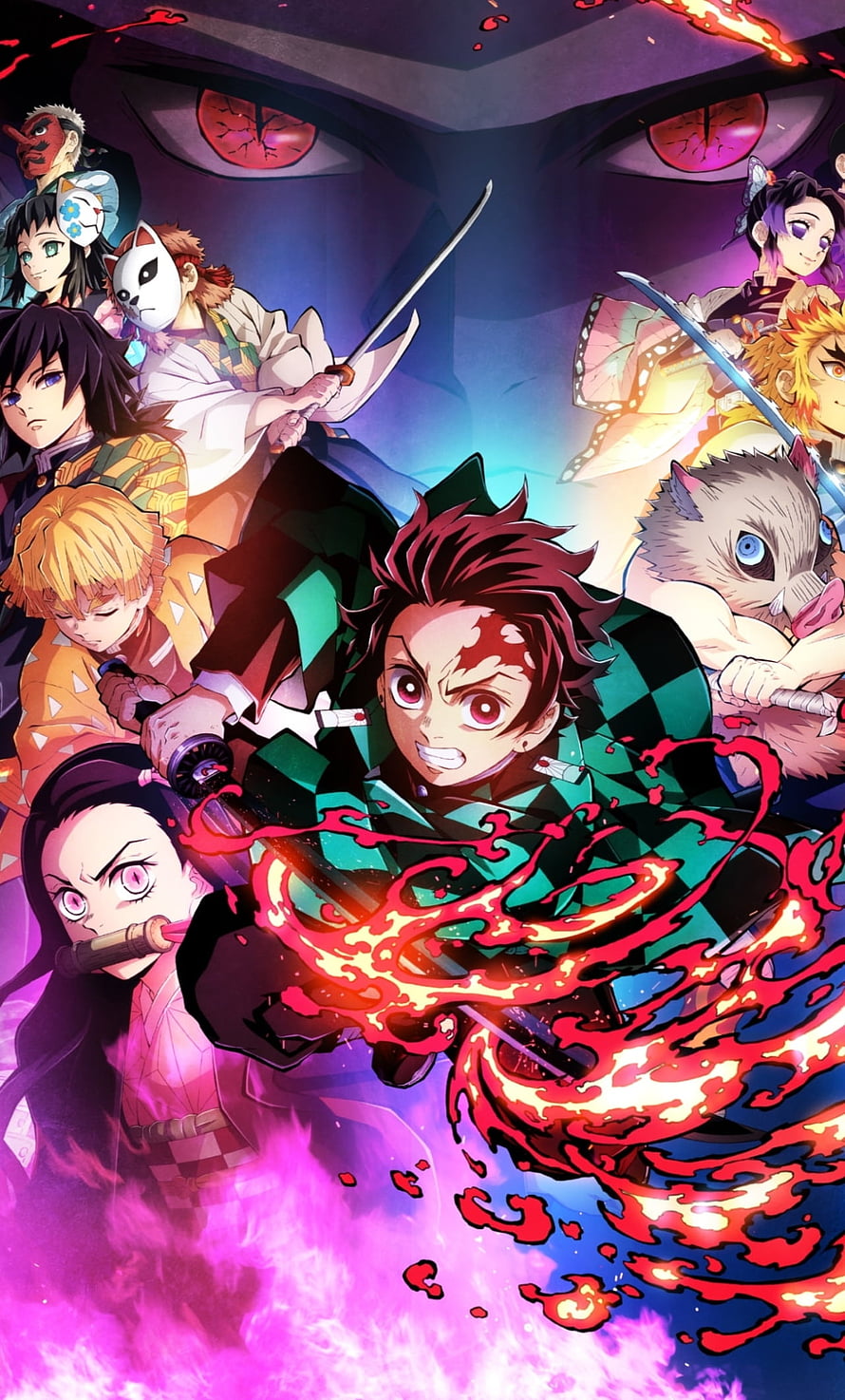 Demon Slayer Anime Group Art with Tanjiro Kamado and Flame Breathing Sword HD phone wallpaper