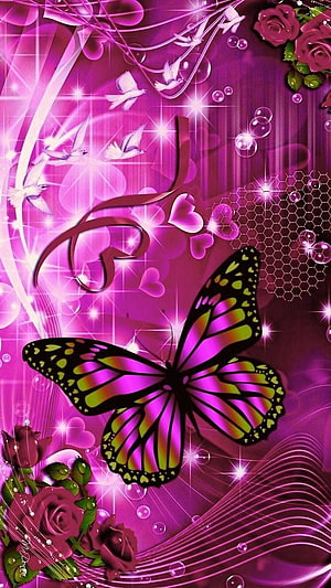 Vibrant Purple Butterfly with Roses and Doves on Sparkling Pink Background HD phone wallpaper