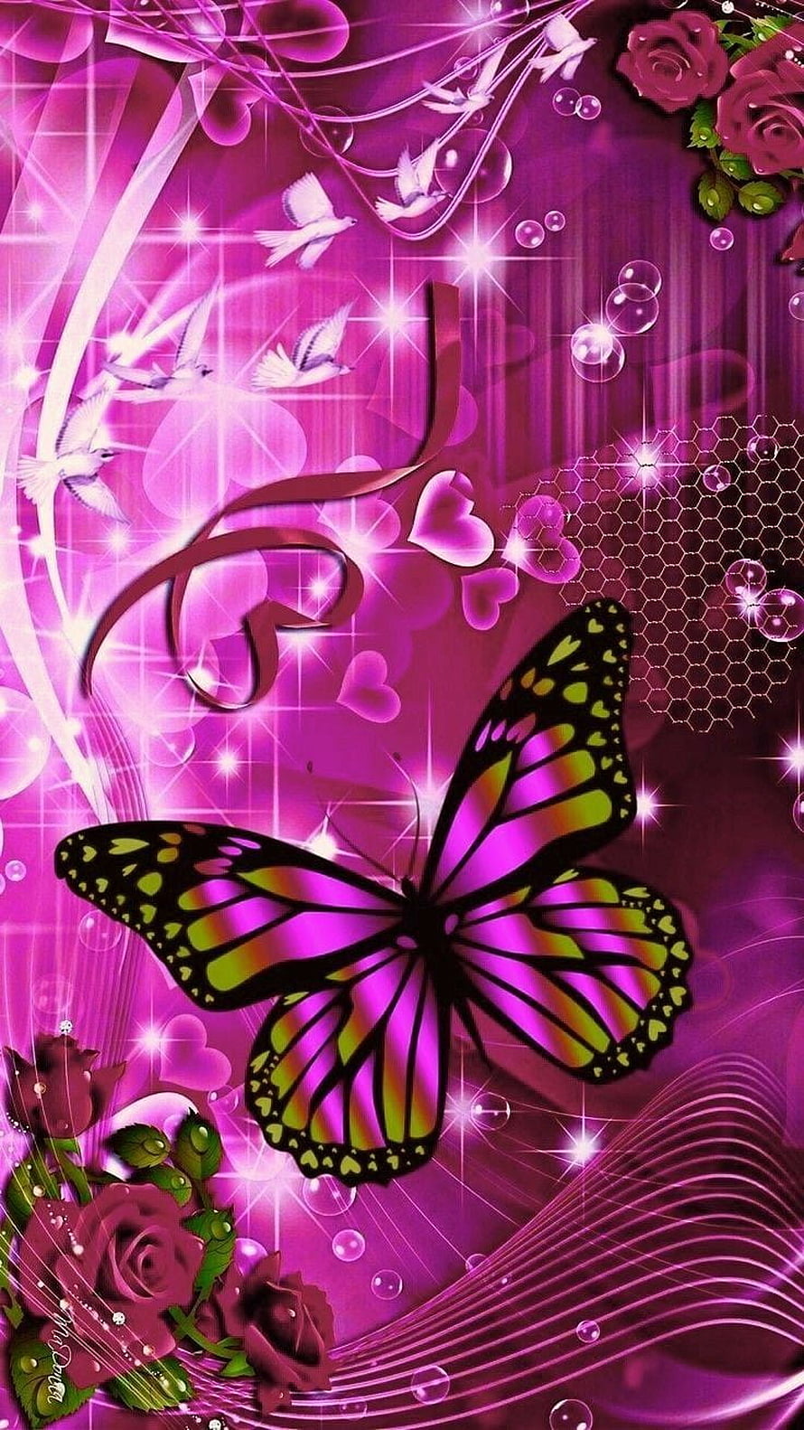 Vibrant Purple Butterfly with Roses and Doves on Sparkling Pink Background HD phone wallpaper