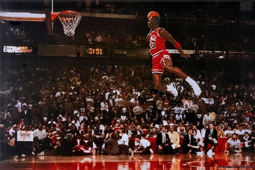 Michael Jordan Mid-Air Slam Dunk at the NBA Slam Dunk Contest HD wallpaper
