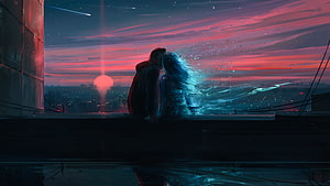 Lofi Couple Silhouette on Rooftop at Sunset with Dissolving Effect HD wallpaper