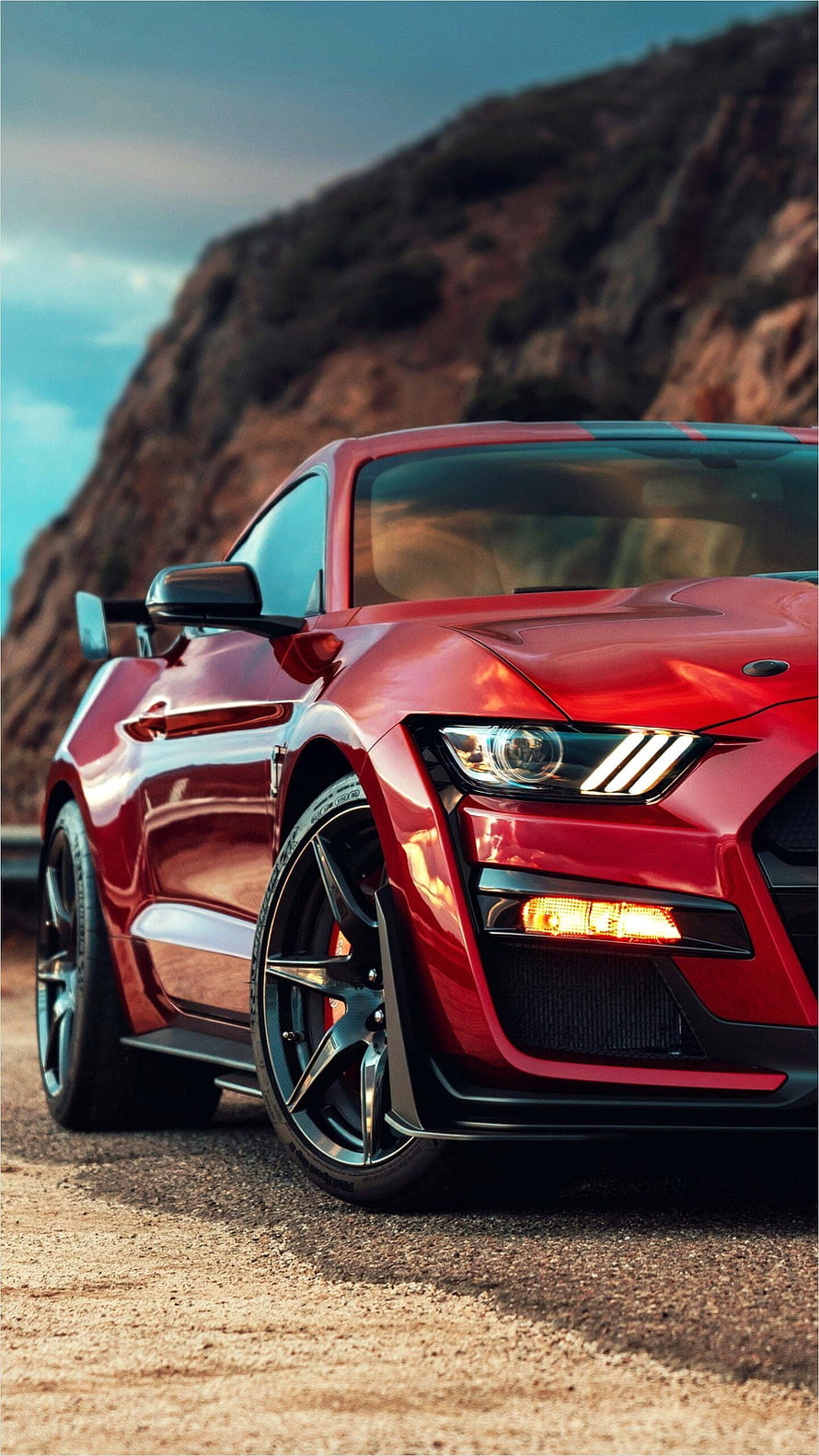 Red Ford Mustang GT500 Low Angle Shot on Mountain Road HD phone wallpaper