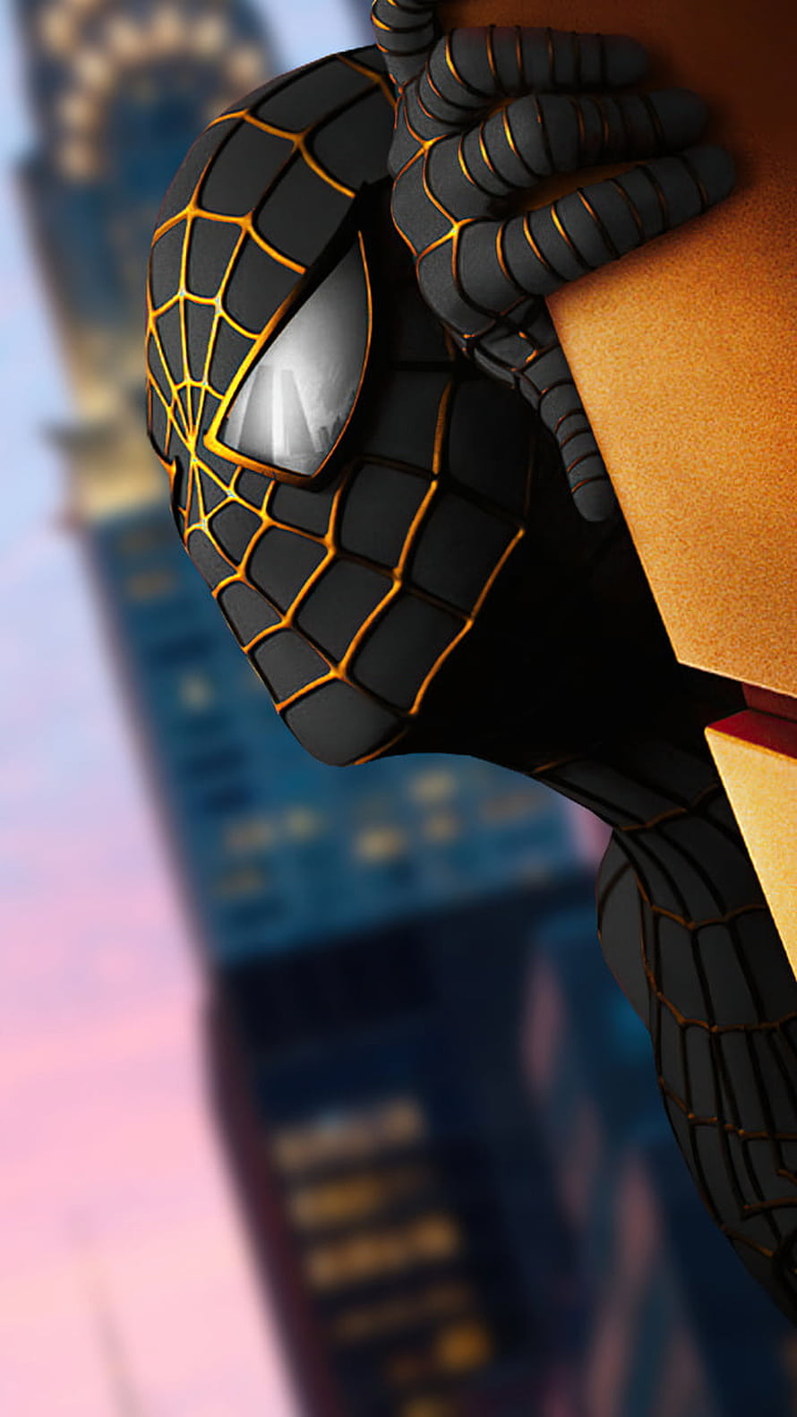 Spider-Man in Black and Gold Suit Clinging to a Building Edge at Dusk HD phone wallpaper
