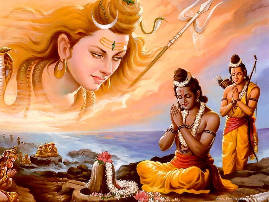 Lord Shiva and Lord Rama in Devotion with Cosmic Shiva Presence HD wallpaper