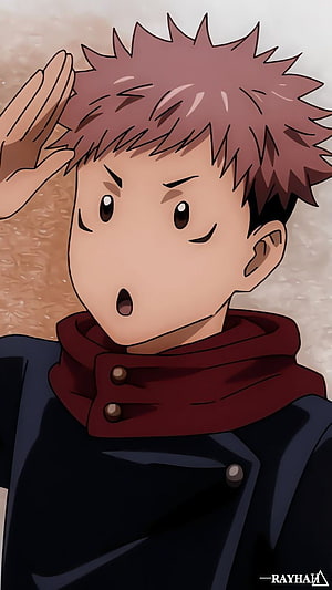 Itadori Yuji from Jujutsu Kaisen in a surprised expression with spiky hair and red scarf HD phone wallpaper