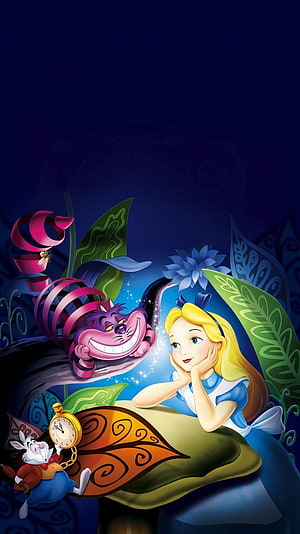 Alice in Wonderland Disney Animation Featuring Cheshire Cat and White Rabbit in Whimsical Garden HD phone wallpaper