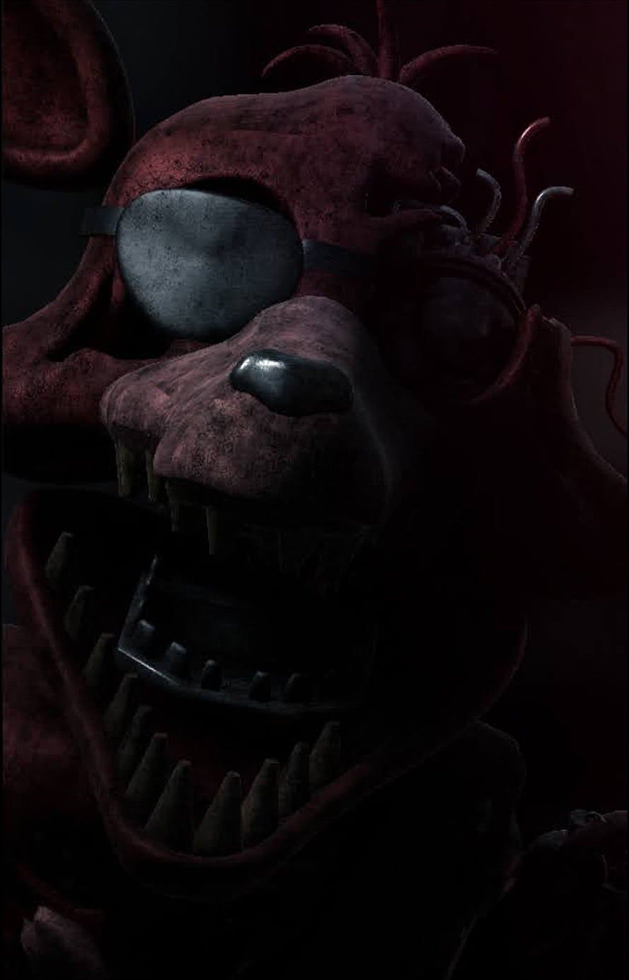 Foxy from Five Nights at Freddy's in a dark, menacing close-up with glowing eyes and sharp teeth HD phone wallpaper