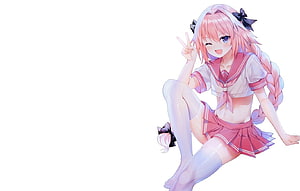 Astolfo from Fate Apocrypha in a Pink Sailor Uniform Sitting with a Peace Sign HD wallpaper