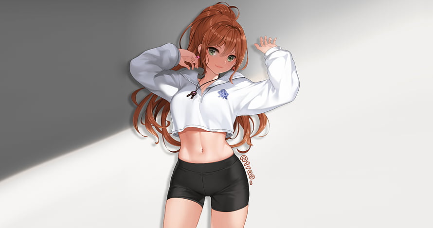 Anime Girl in White Crop Top and Black Shorts with Red Hair HD wallpaper