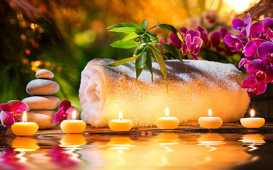 Serene Spa Still Life With Candles, Orchids, and Stacked Stones HD wallpaper