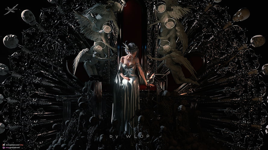 WLOP Dark Fantasy Throne Scene with Angelic Figures and Ornate Baroque Details HD wallpaper