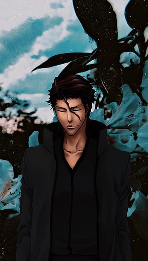 Sosuke Aizen from Bleach in a dark coat with a scarred face against a moody blue sky and foliage HD phone wallpaper