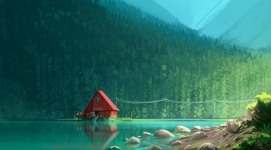 Red Cabin on a Turquoise Lake Surrounded by Dense Pine Forest and Misty Mountains HD wallpaper