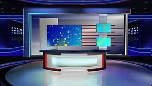 Modern Virtual News Studio Set with Blue Neon Lighting and Digital Screens HD wallpaper