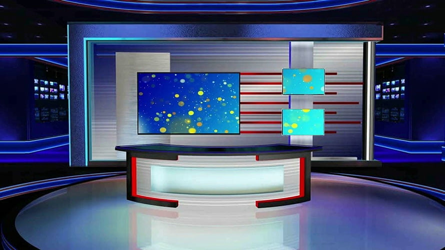 Modern Virtual News Studio Set with Blue Neon Lighting and Digital Screens HD wallpaper