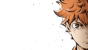 Haikyuu Anime Character Close-Up with Orange Hair and Intense Gaze on White Background HD wallpaper