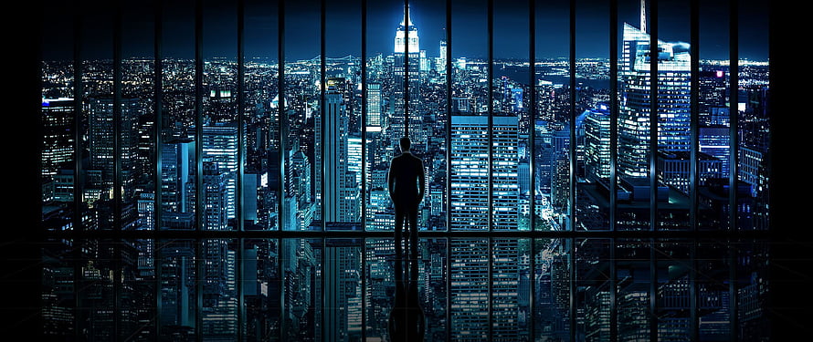 Silhouette of a Businessman Standing in a High-Rise Office Overlooking a Glowing City Skyline at Night, One Piece Ultrawide Best Of Ultra Wide Group, 2560X1080 Ultra Wide HD wallpaper