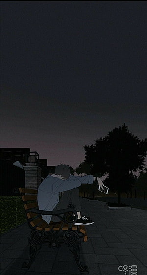 Lonely Anime Boy Sitting on Park Bench at Dusk with Phone HD phone wallpaper