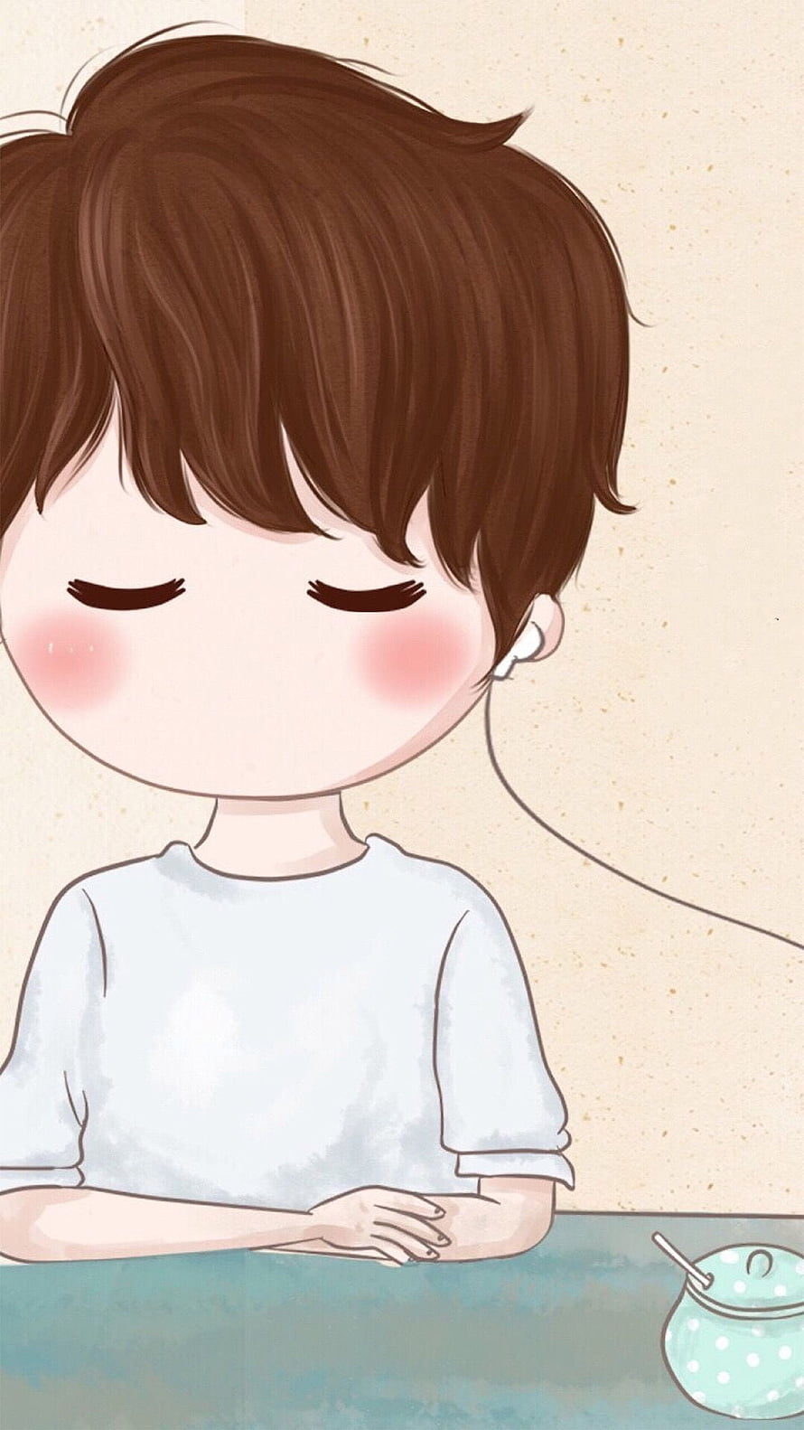 Cute Anime Boy With Closed Eyes Listening To Music At A Table HD phone wallpaper