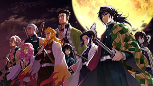 Demon Slayer Hashira Group Portrait Under a Full Moon HD wallpaper