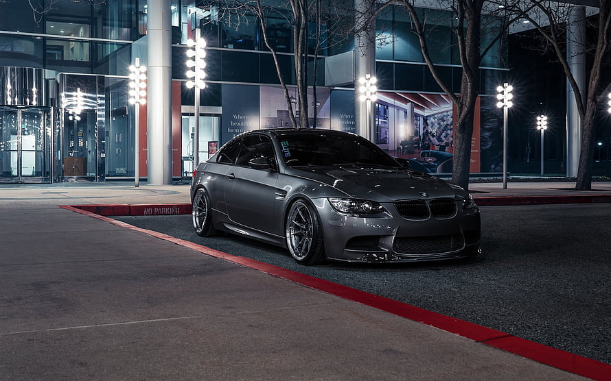 Matte Gray BMW M3 E92 Coupe Parked on City Street at Night HD wallpaper