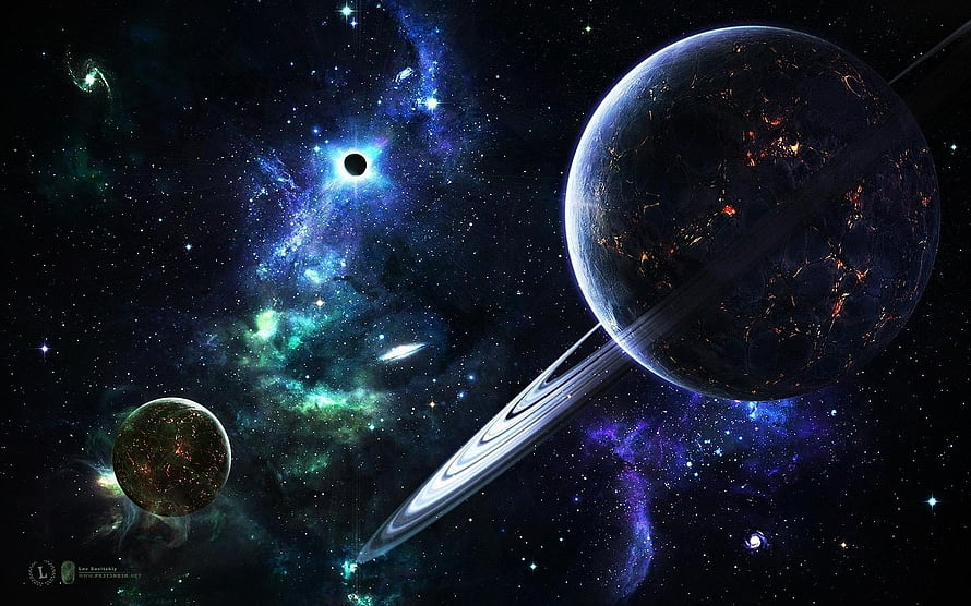 Vast Cosmic Scene Featuring Ringed Planet, Nebulae, and Distant Stars in Deep Space HD wallpaper
