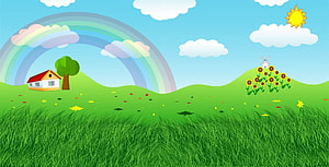 Cheerful Cartoon Countryside Landscape With Rainbow, Cottage, Windmill, And Sunflowers HD wallpaper