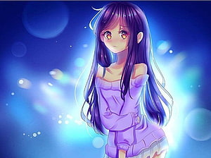 Anime Girl With Long Purple Hair And Golden Eyes In Soft Blue Light HD wallpaper