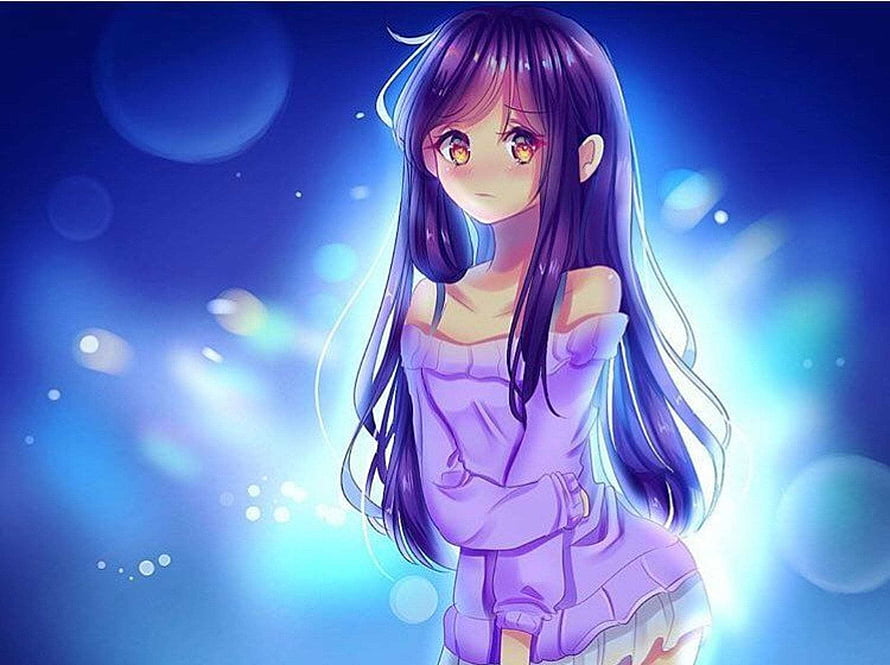 Anime Girl With Long Purple Hair And Golden Eyes In Soft Blue Light HD wallpaper