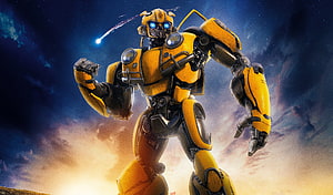 Bumblebee from Transformers Standing in a Dramatic Sky with a Shooting Star HD wallpaper