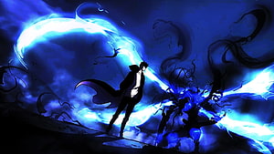 Sung Jin Woo and Beru from Solo Leveling in a Dramatic Blue Energy Battle Scene HD wallpaper