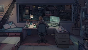 Cozy Lofi Anime Bedroom Scene with Rainy Night Window View and Desk Setup HD wallpaper