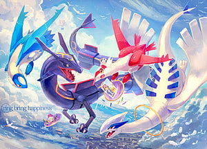 Legendary Dragon Pokémon Flying Above Clouds and City Skyline HD wallpaper