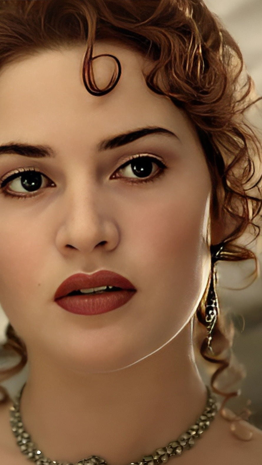 Kate Winslet as Rose in Titanic Close-Up Portrait with Vintage Jewelry and Curly Hair HD phone wallpaper