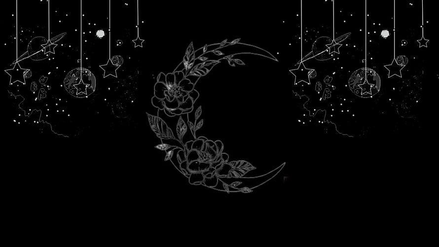 Elegant Crescent Moon with Floral Illustration and Celestial Ornaments on Black Background HD wallpaper