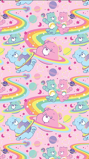 Kawaii Care Bears Space Pattern with Rainbows and Planets on Pink Background HD phone wallpaper