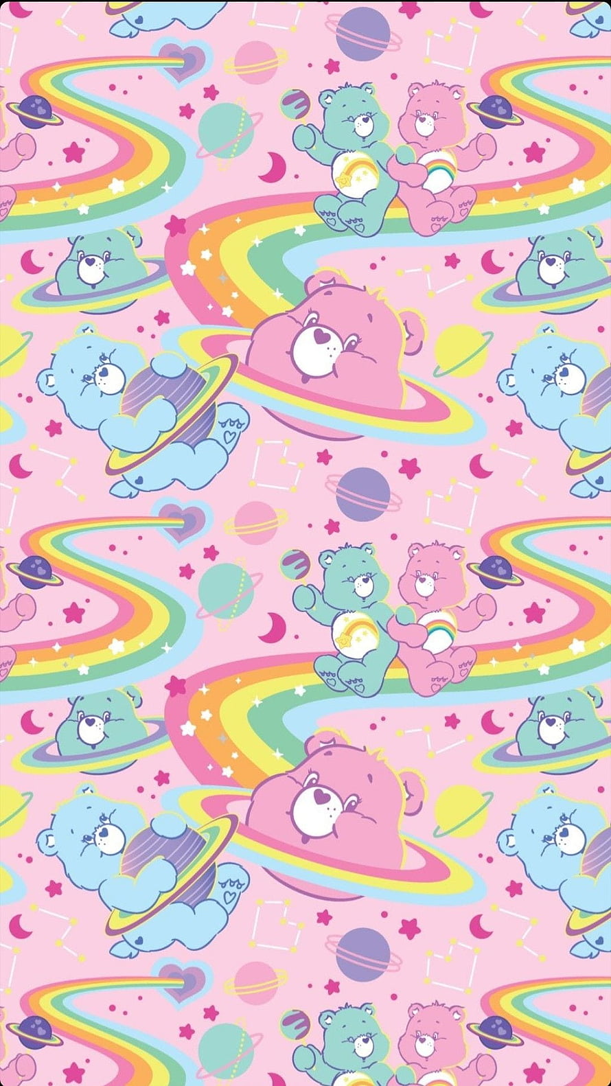 Kawaii Care Bears Space Pattern with Rainbows and Planets on Pink Background HD phone wallpaper