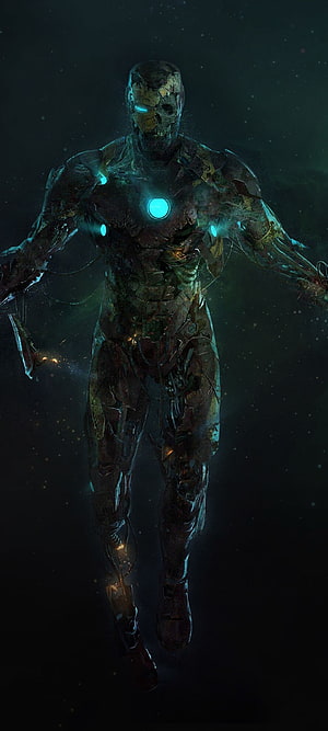 Decayed Iron Man Armor Concept Art with Glowing Arc Reactor in Dark Void HD phone wallpaper
