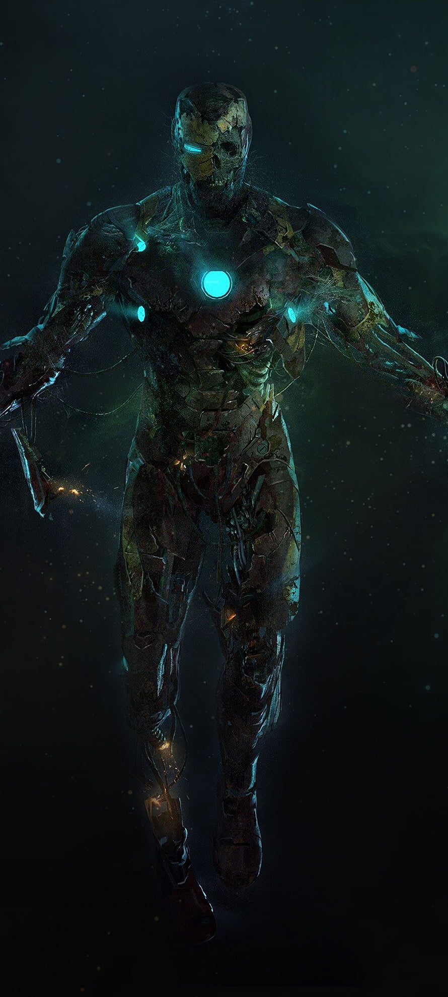 Decayed Iron Man Armor Concept Art with Glowing Arc Reactor in Dark Void HD phone wallpaper