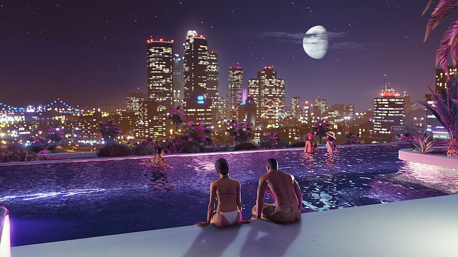 GTA 5 Rooftop Infinity Pool at Night with City Skyline and Moon HD wallpaper