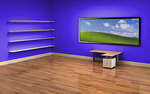 Modern Office Interior with Purple Walls, Floating Shelves, and Large LED Display Screen HD wallpaper