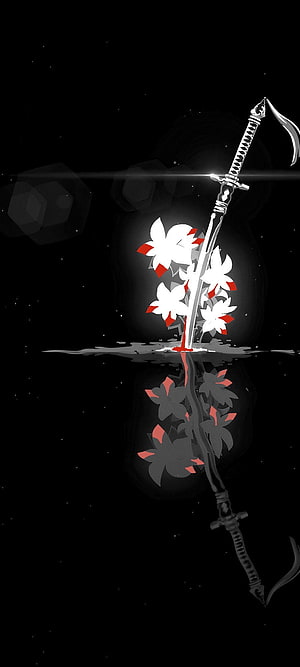 Katana and Cherry Blossoms in Dark Water Reflection HD phone wallpaper