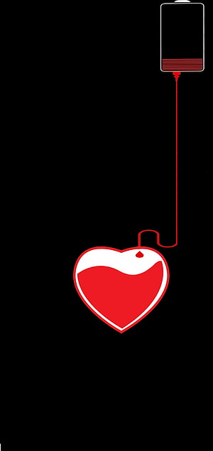 Minimalist Heart Receiving Energy from Battery IV Drip on Black Background HD phone wallpaper