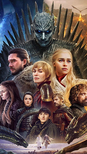 Game of Thrones Ensemble Cast Poster Featuring Night King and Iron Throne HD phone wallpaper