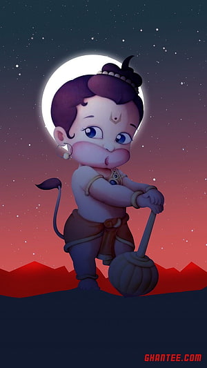 Cute Baby Hanuman Holding Mace Under Full Moon with Starry Sky and Red Mountains, Lord hanuman for your mobile . Ghantee. Hanuman , Bal hanuman, Lord hanuman, Baby Hanuman HD phone wallpaper