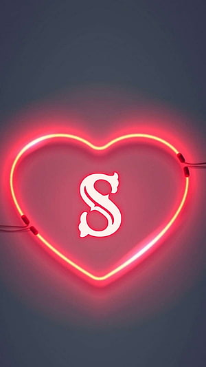 Glowing Red Neon Heart With White Letter S On Dark Wall HD phone wallpaper